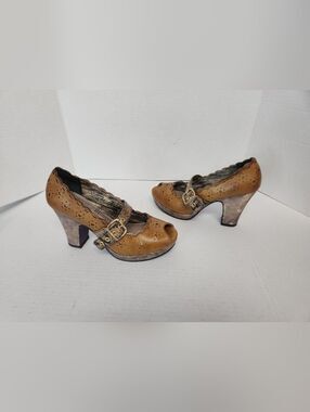 Bobbi Blu Prior Mary Jane Heels Womens 6m Brown w/Snakeskin Vintage Boho
